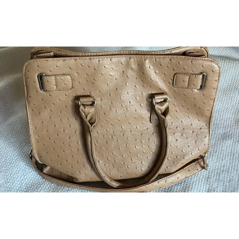 Michael Kors Hamilton Large Ostrich Embossed Leather Satchel Tote Tan Beige